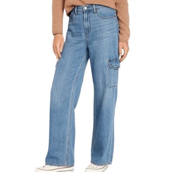 Old Navy Sky-Hi Wide Leg Cargo Jeans Blue Medium Wash Denim Extra High-Rise SZ 2 - Picture 1 of 6